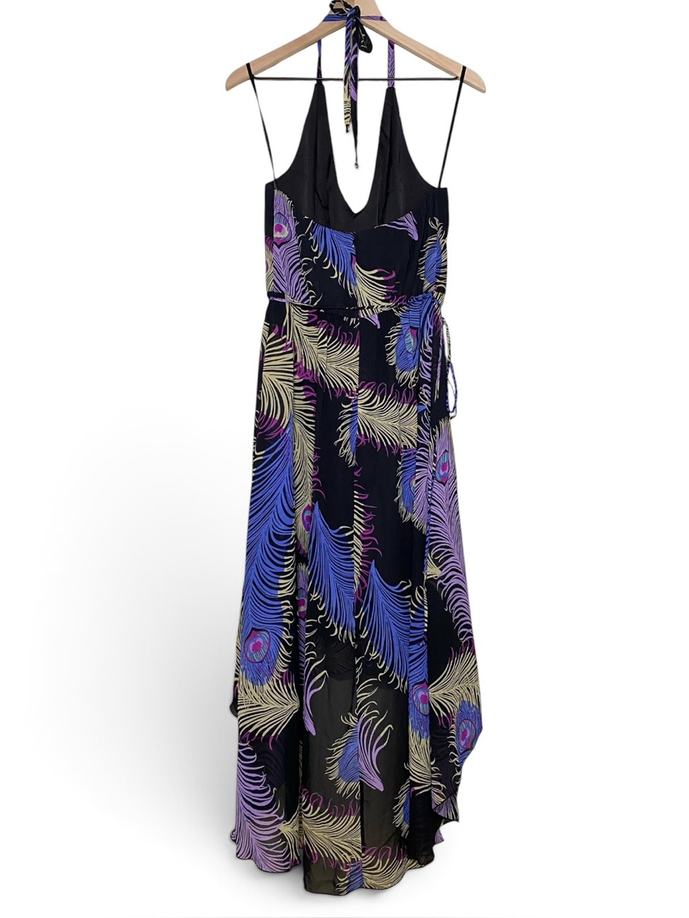 Boston Proper Peacock Halter Maxi Dress High Low Flowy Chiffon V Neck Size 8 - Picture 2 of 16
